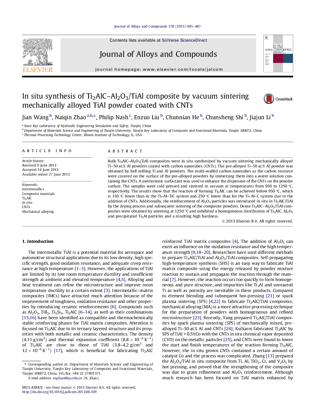 In situ synthesis of Ti2AlC-Al2O3/TiAl composite by vacuum sintering mechanically alloyed TiAl powder coated with CNTs