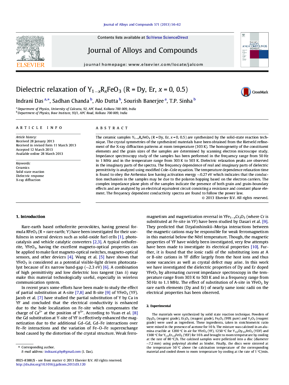 Dielectric relaxation of Y1−xRxFeO3 (R = Dy, Er, x = 0, 0.5)