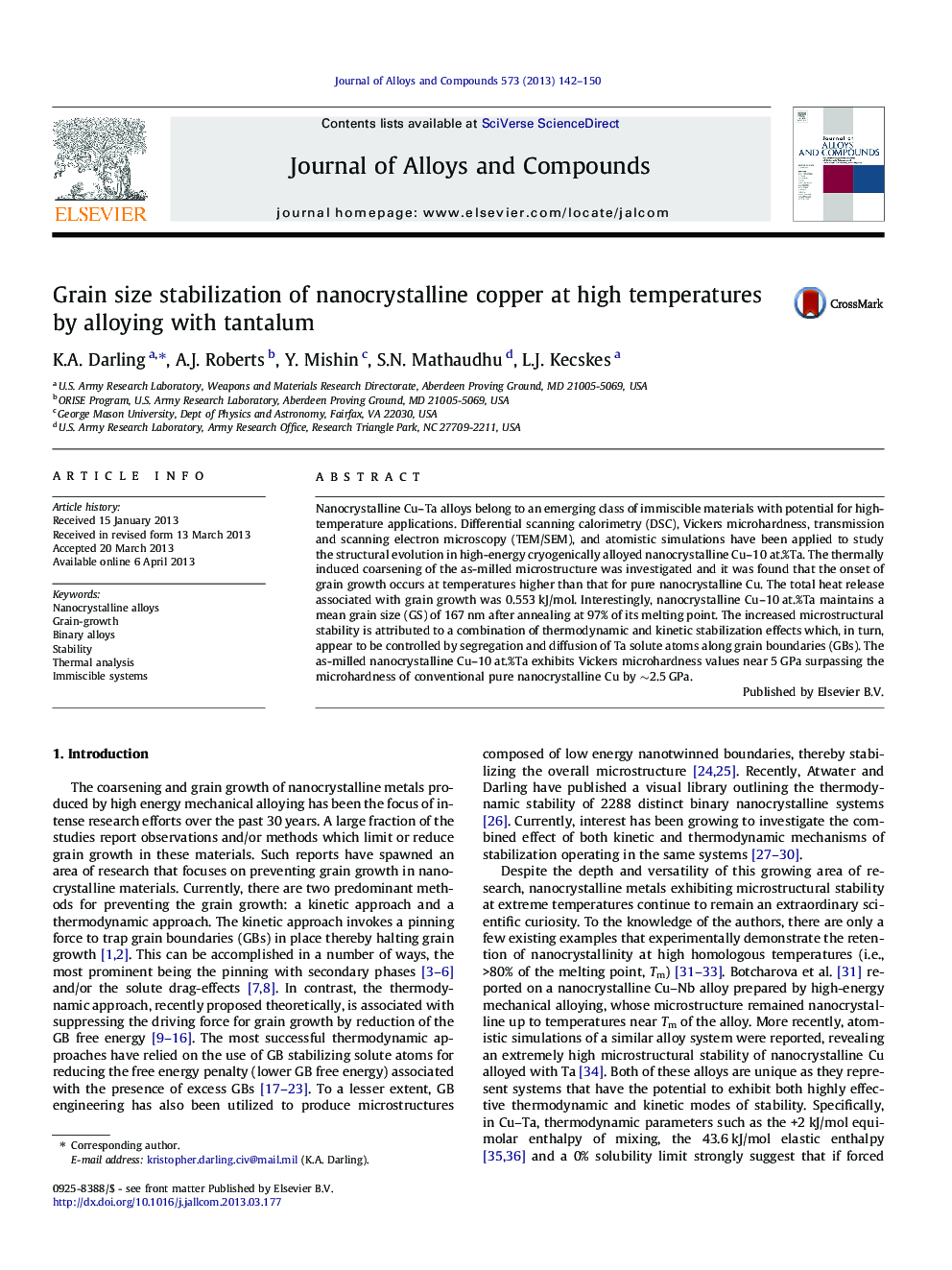 Grain size stabilization of nanocrystalline copper at high temperatures by alloying with tantalum