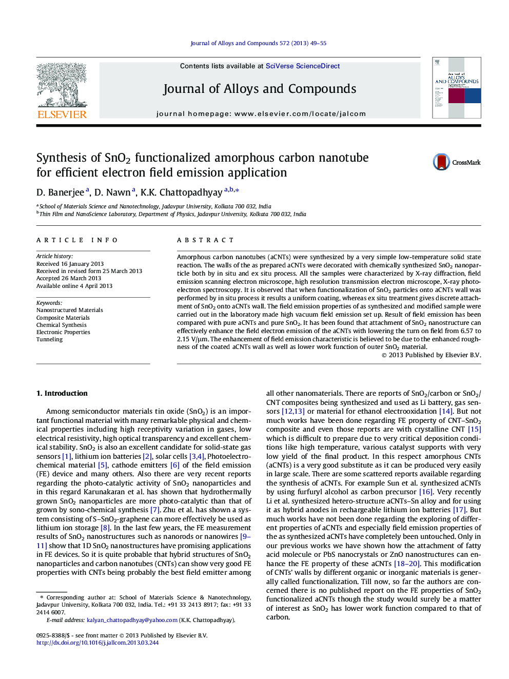 Synthesis of SnO2 functionalized amorphous carbon nanotube for efficient electron field emission application