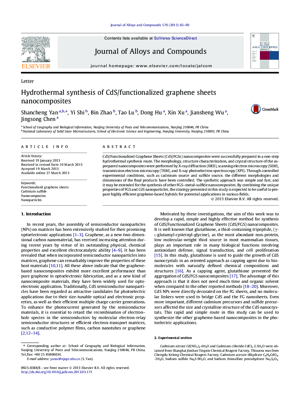 Hydrothermal synthesis of CdS/functionalized graphene sheets nanocomposites