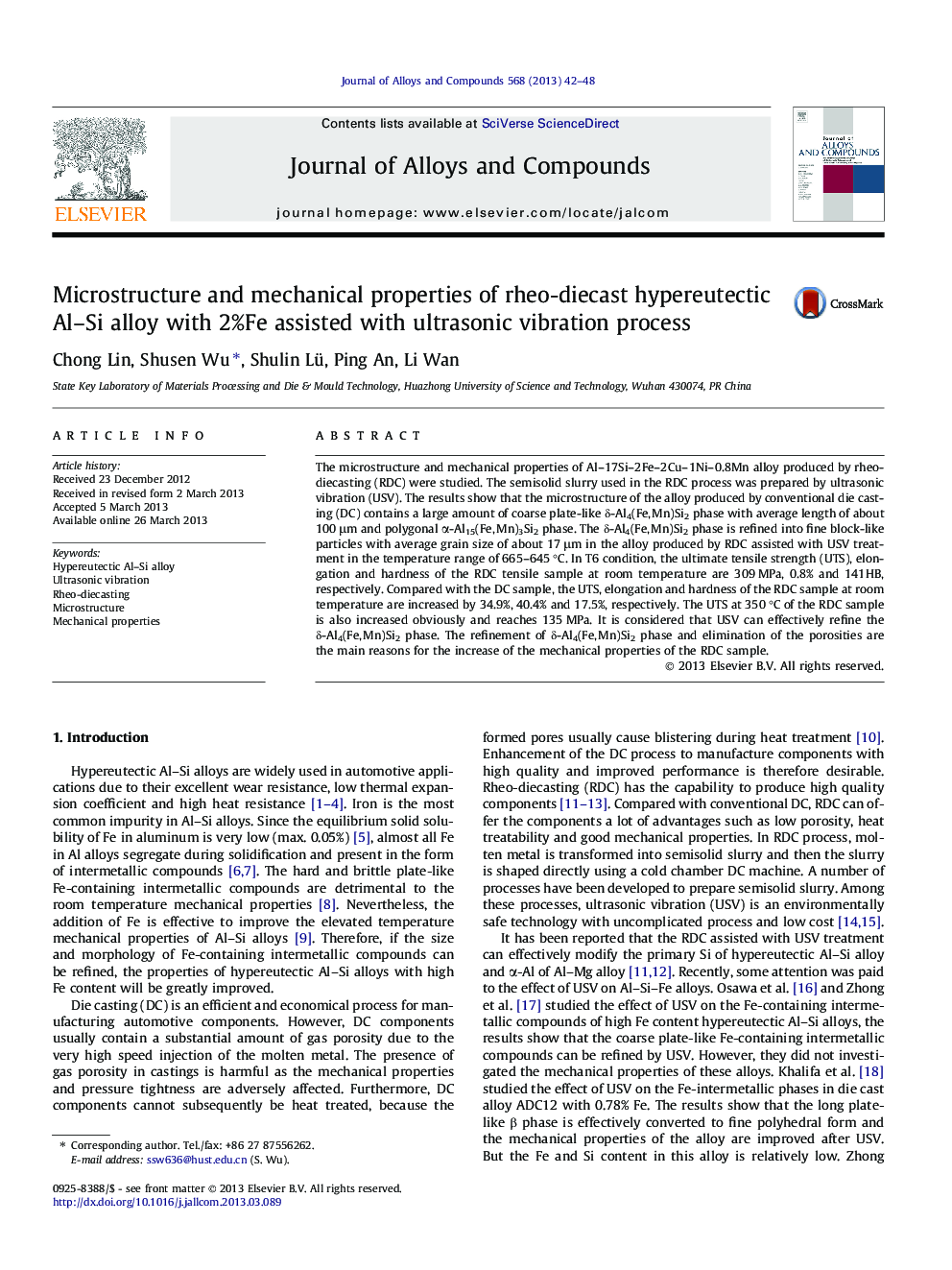 Microstructure and mechanical properties of rheo-diecast hypereutectic Al–Si alloy with 2%Fe assisted with ultrasonic vibration process