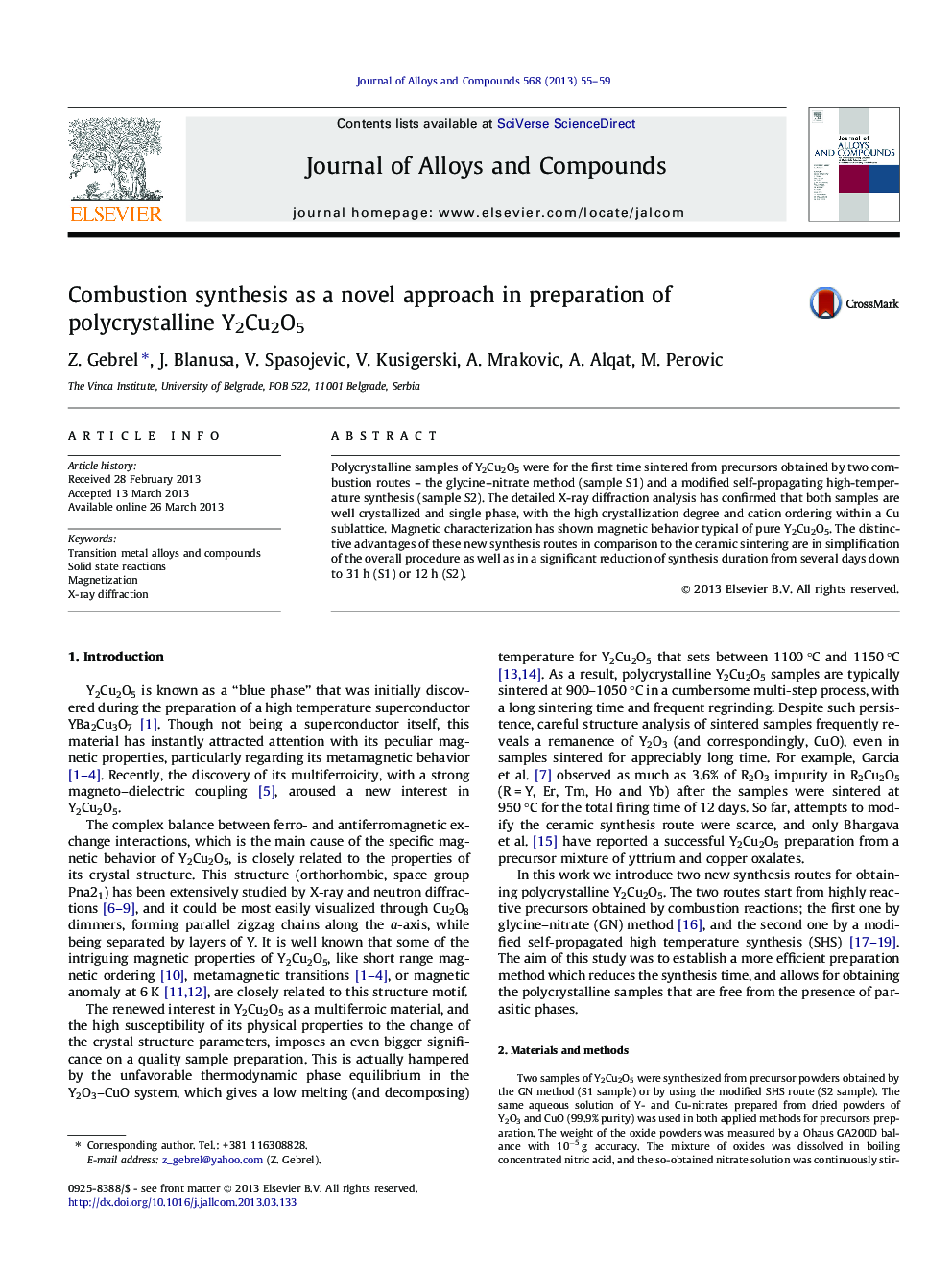 Combustion synthesis as a novel approach in preparation of polycrystalline Y2Cu2O5