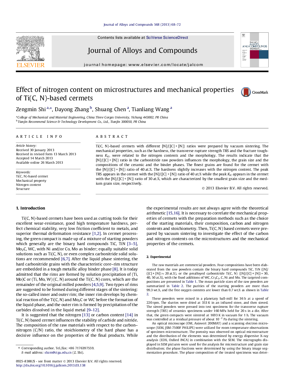 Effect of nitrogen content on microstructures and mechanical properties of Ti(C, N)-based cermets