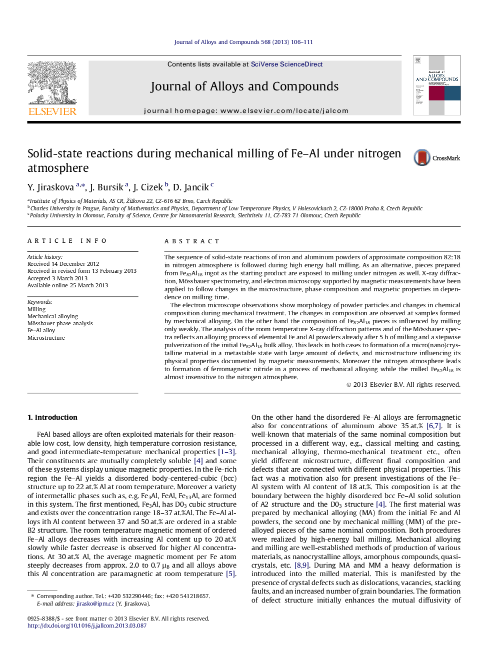 Solid-state reactions during mechanical milling of Fe–Al under nitrogen atmosphere