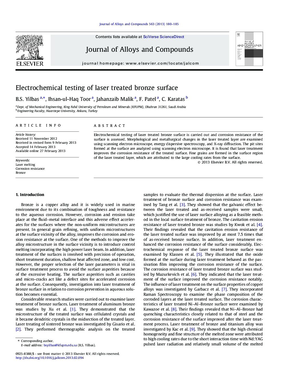 Electrochemical testing of laser treated bronze surface