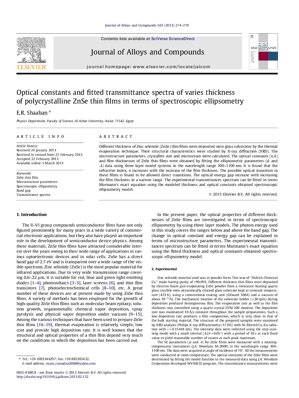 Optical constants and fitted transmittance spectra of varies thickness of polycrystalline ZnSe thin films in terms of spectroscopic ellipsometry