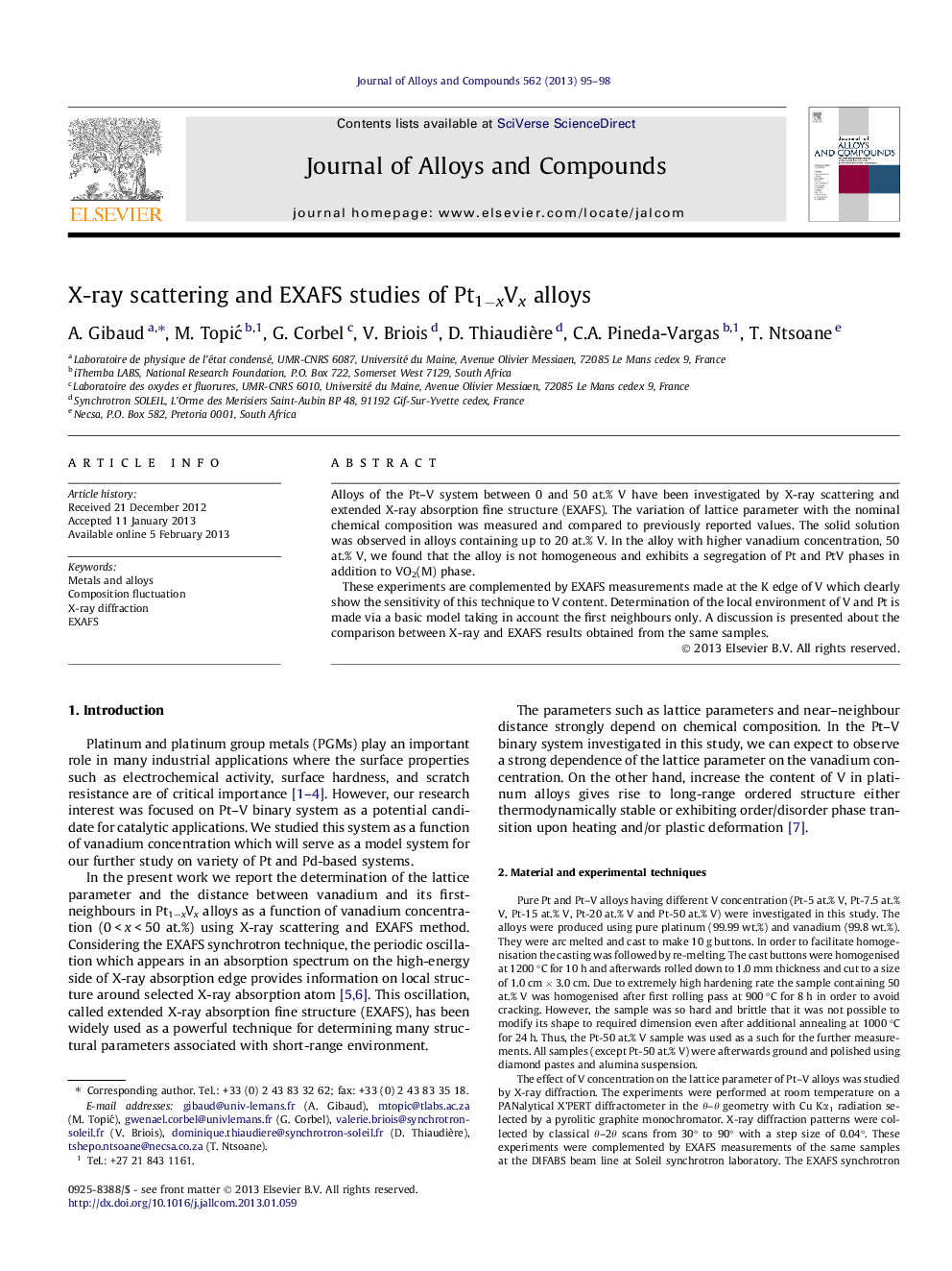 X-ray scattering and EXAFS studies of Pt1âxVx alloys