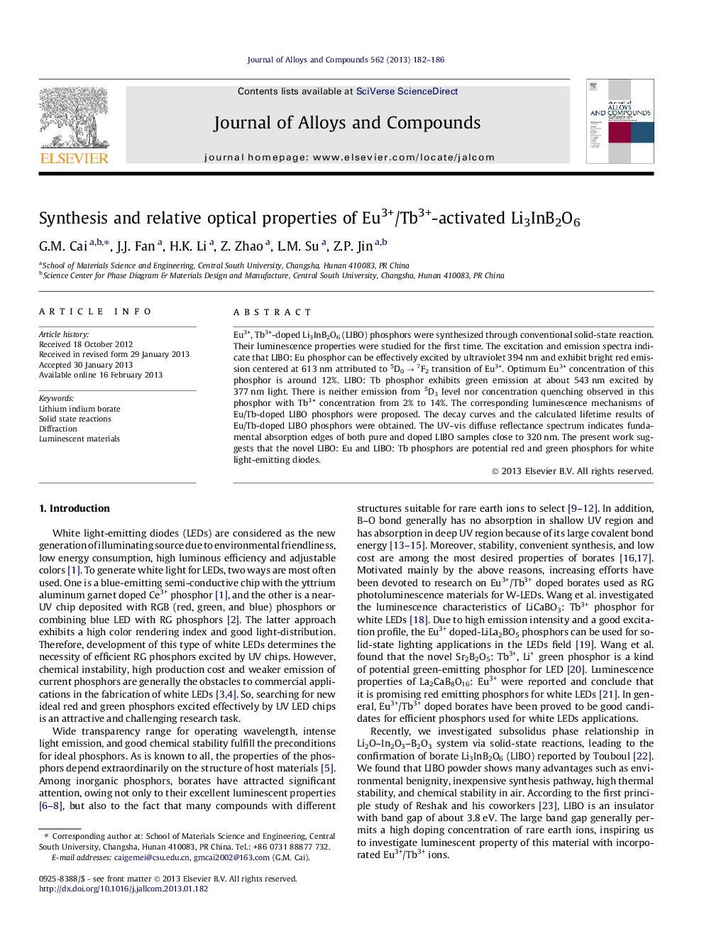 Synthesis and relative optical properties of Eu3+/Tb3+-activated Li3InB2O6