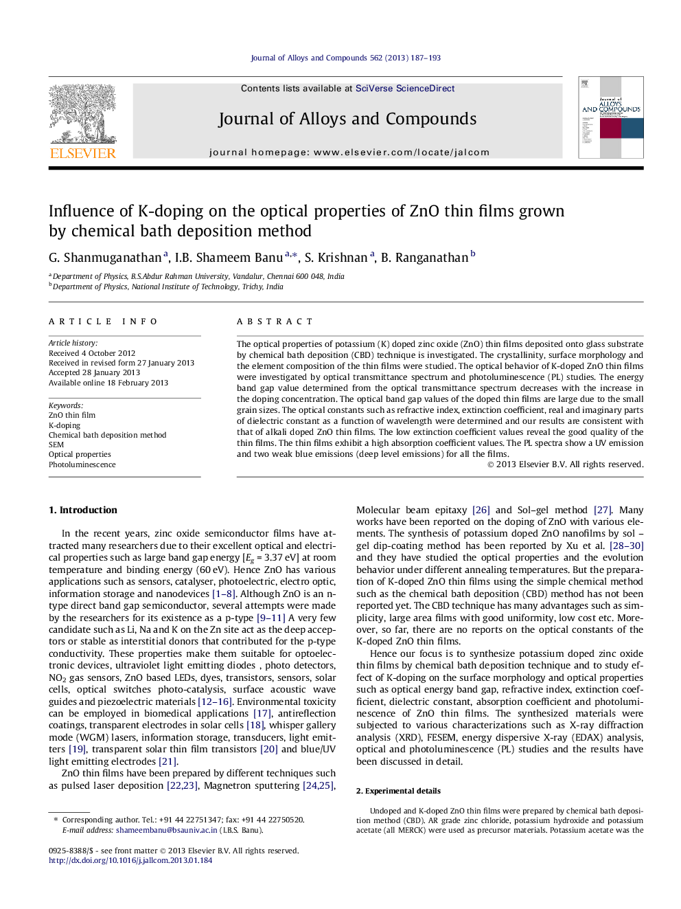عکس صفحه اول مقاله: Influence of K-doping on the optical properties of ZnO thin films grown by chemical bath deposition method Influence of K-doping on the optical properties of ZnO thin films grown by chemical bath deposition method