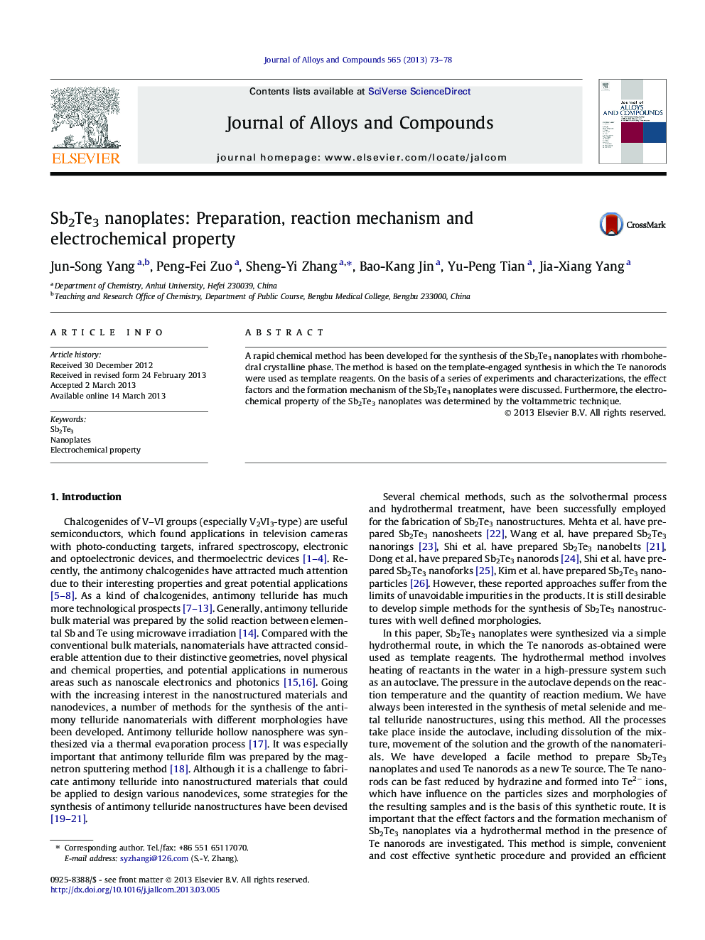 Sb2Te3 nanoplates: Preparation, reaction mechanism and electrochemical property