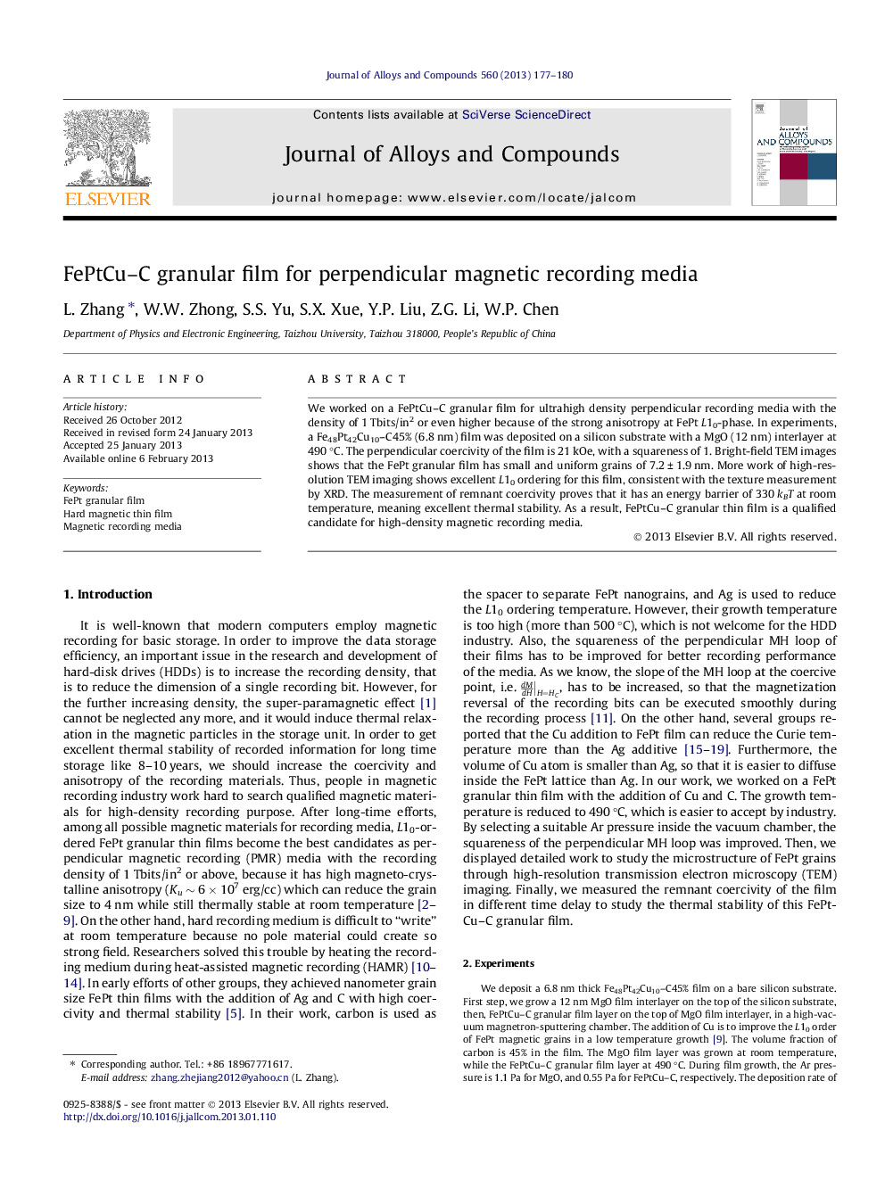 FePtCu–C granular film for perpendicular magnetic recording media