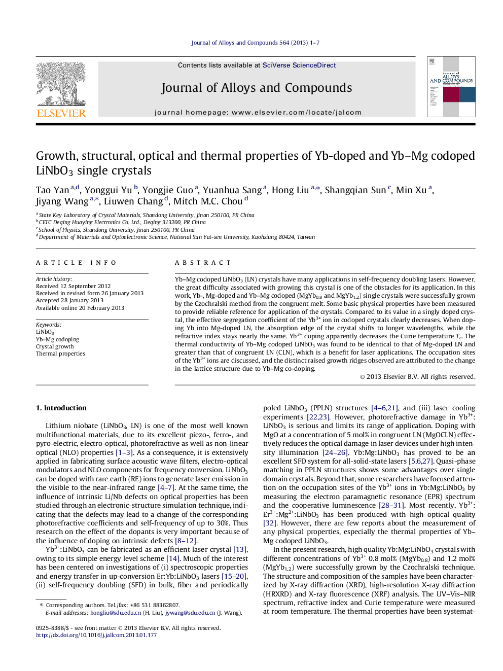 Growth, structural, optical and thermal properties of Yb-doped and Yb–Mg codoped LiNbO3 single crystals