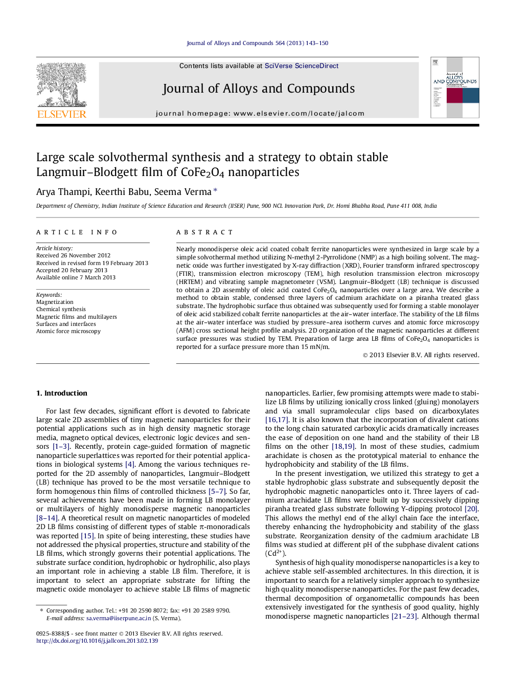 Large scale solvothermal synthesis and a strategy to obtain stable Langmuir–Blodgett film of CoFe2O4 nanoparticles