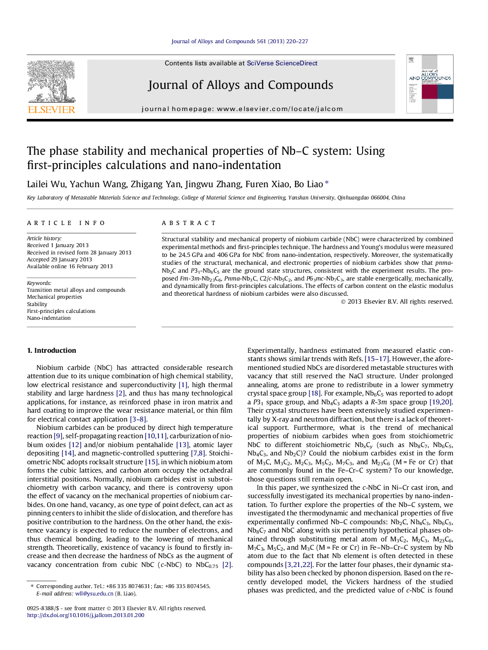 عکس صفحه اول مقاله: The phase stability and mechanical properties of Nb–C system: Using first-principles calculations and nano-indentation The phase stability and mechanical properties of Nb–C system: Using first-principles calculations and nano-indentation