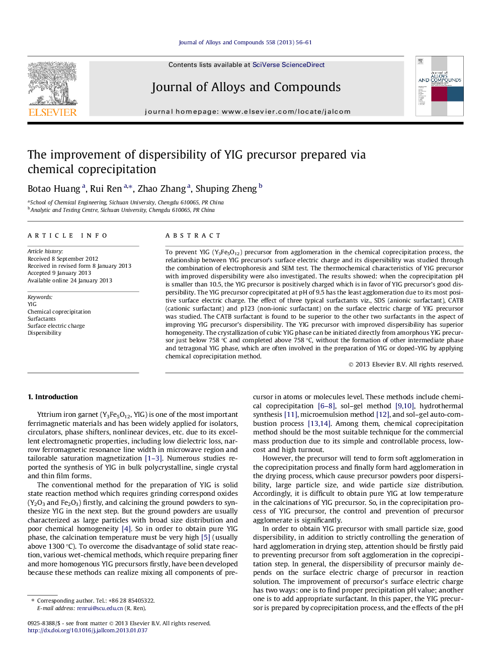 The improvement of dispersibility of YIG precursor prepared via chemical coprecipitation