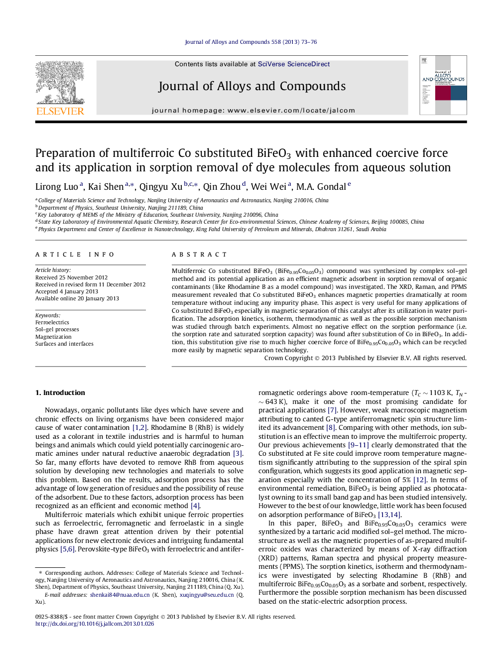 Preparation of multiferroic Co substituted BiFeO3 with enhanced coercive force and its application in sorption removal of dye molecules from aqueous solution