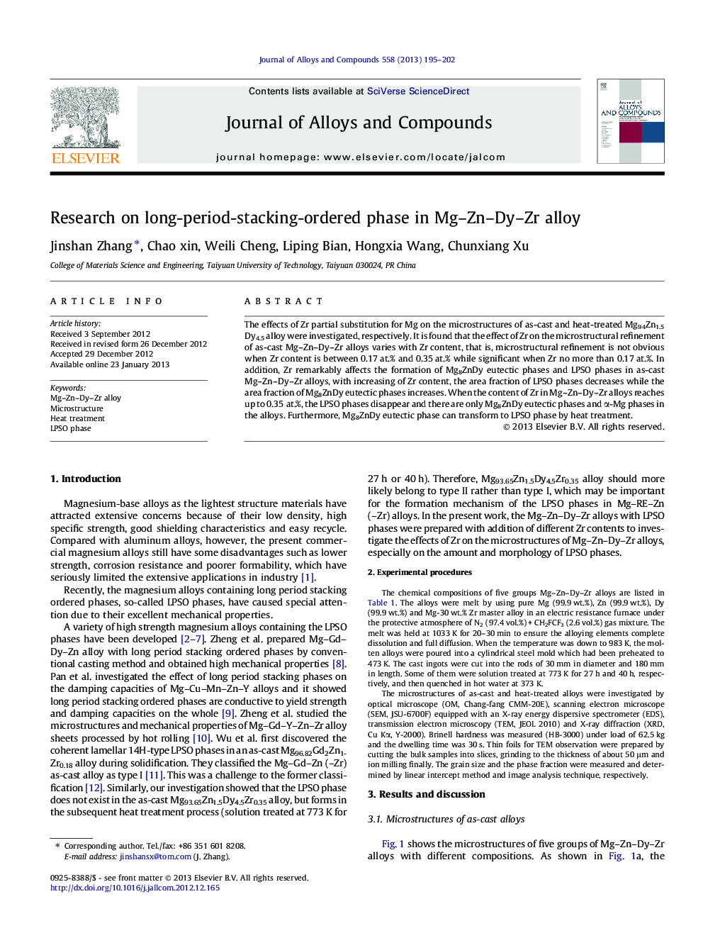 Research on long-period-stacking-ordered phase in Mg–Zn–Dy–Zr alloy