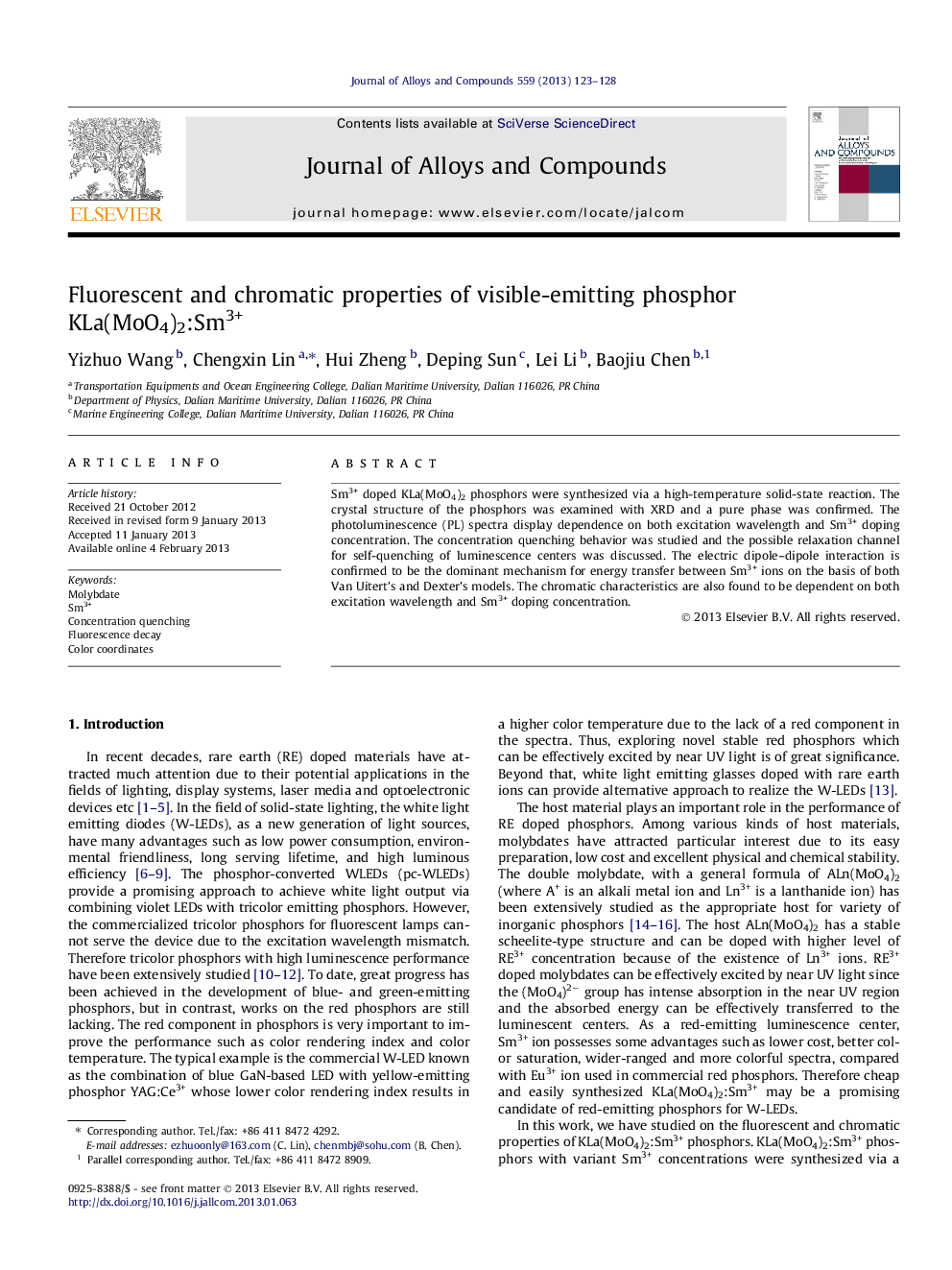 Fluorescent and chromatic properties of visible-emitting phosphor KLa(MoO4)2:Sm3+