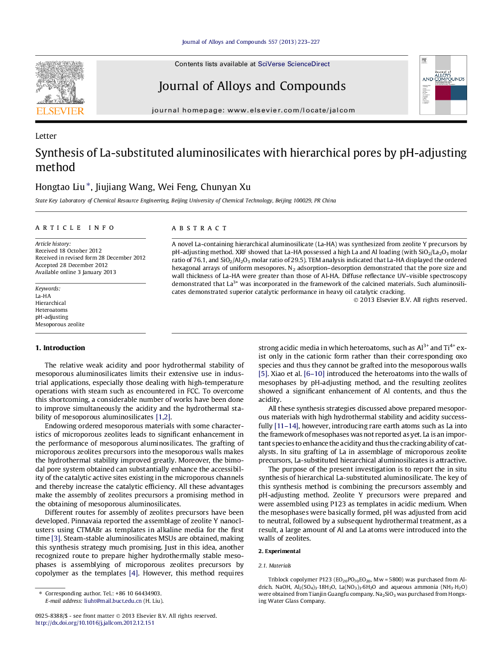 Synthesis of La-substituted aluminosilicates with hierarchical pores by pH-adjusting method