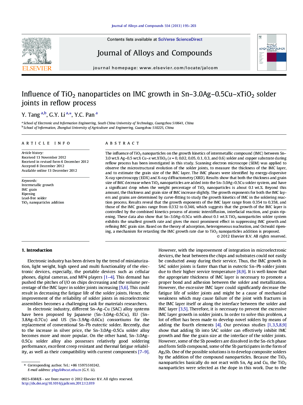 Influence of TiO2 nanoparticles on IMC growth in Sn-3.0Ag-0.5Cu-xTiO2 solder joints in reflow process