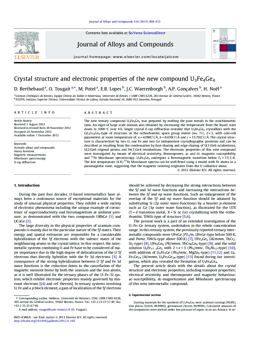 Crystal structure and electronic properties of the new compound U3Fe4Ge4