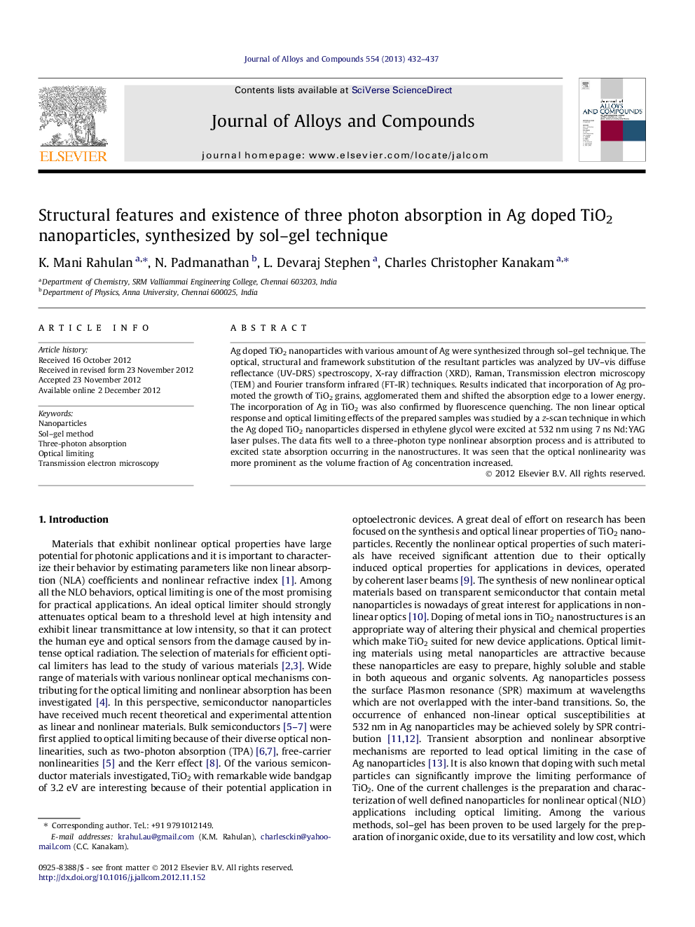 Structural features and existence of three photon absorption in Ag doped TiO2 nanoparticles, synthesized by sol–gel technique