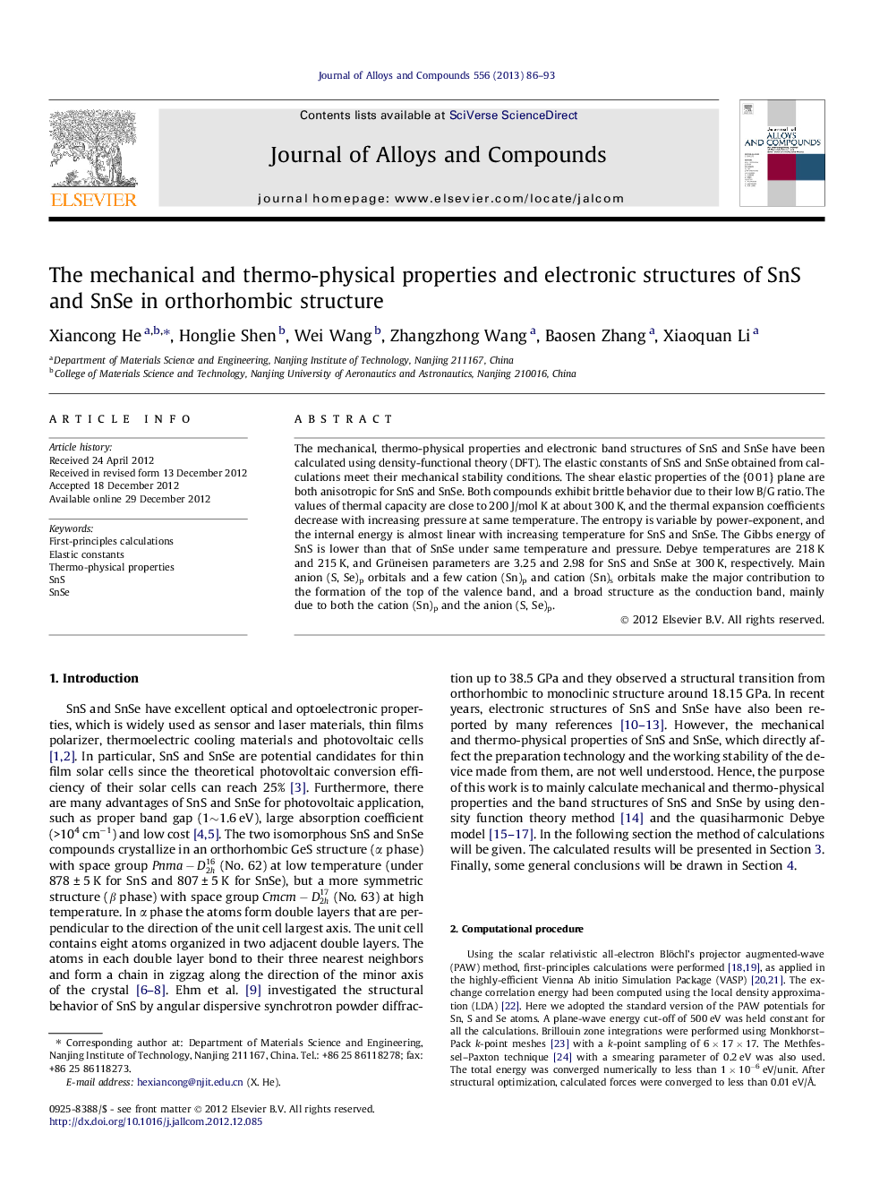 عکس صفحه اول مقاله: The mechanical and thermo-physical properties and electronic structures of SnS and SnSe in orthorhombic structure The mechanical and thermo-physical properties and electronic structures of SnS and SnSe in orthorhombic structure