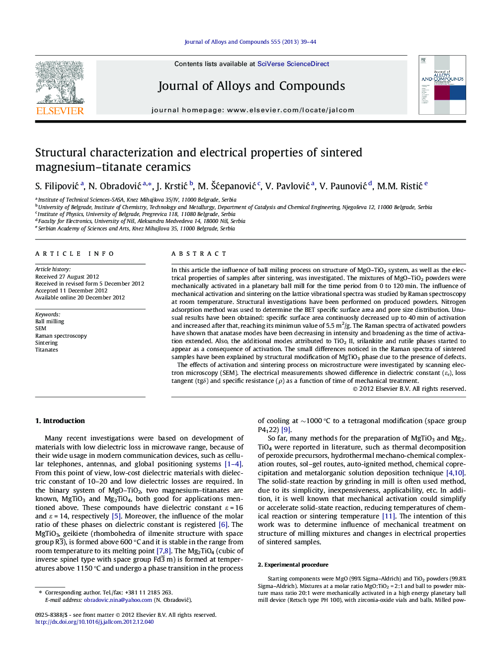 Structural characterization and electrical properties of sintered magnesium–titanate ceramics