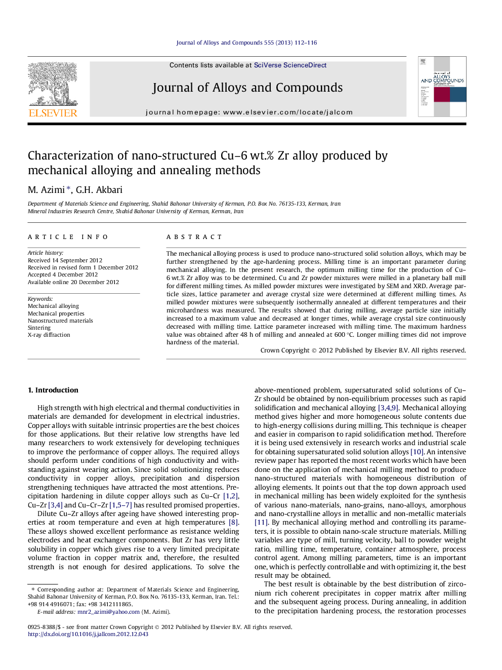 Characterization of nano-structured Cu–6 wt.% Zr alloy produced by mechanical alloying and annealing methods