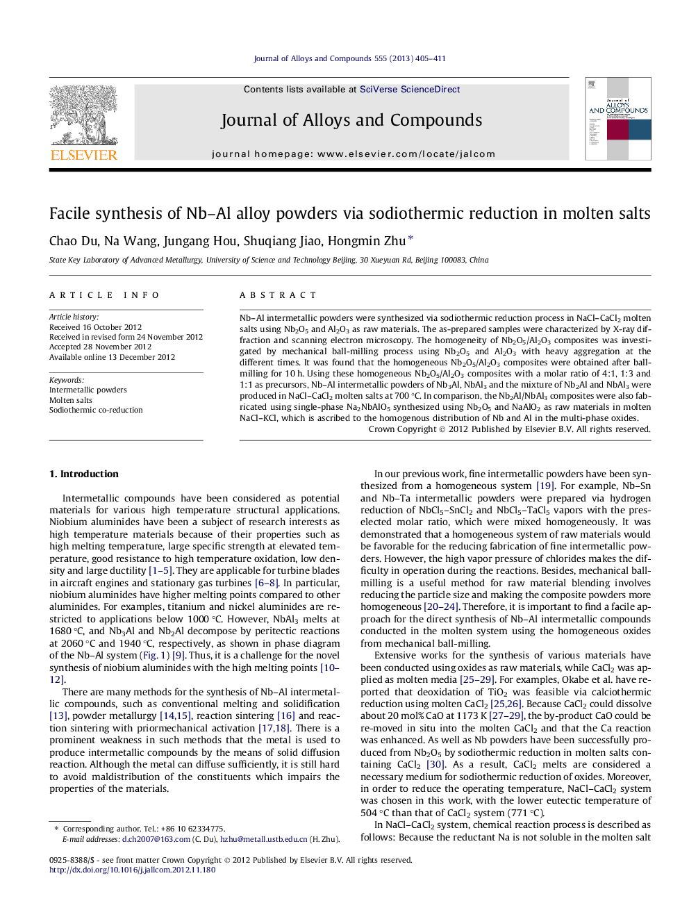 Facile synthesis of Nb-Al alloy powders via sodiothermic reduction in molten salts
