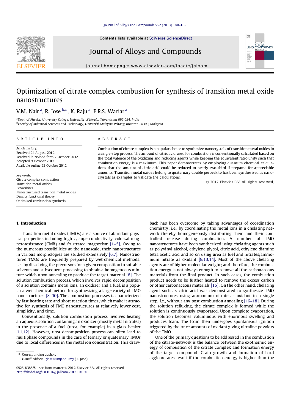 Optimization of citrate complex combustion for synthesis of transition metal oxide nanostructures