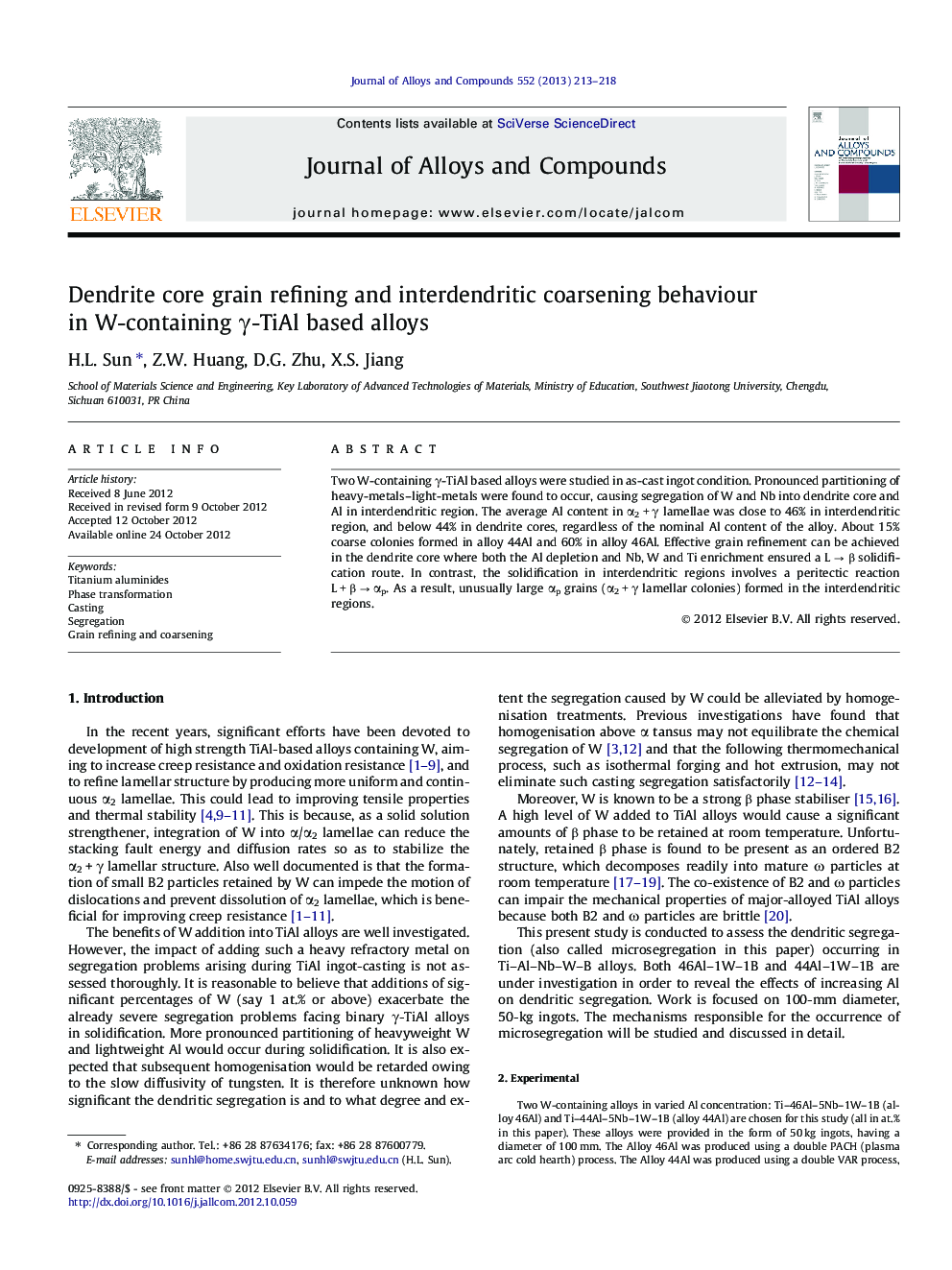 Dendrite core grain refining and interdendritic coarsening behaviour in W-containing γ-TiAl based alloys