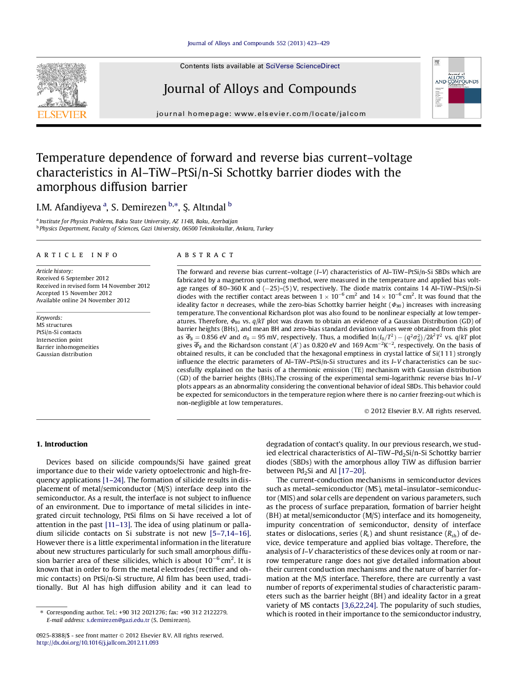 Temperature dependence of forward and reverse bias current–voltage characteristics in Al–TiW–PtSi/n-Si Schottky barrier diodes with the amorphous diffusion barrier