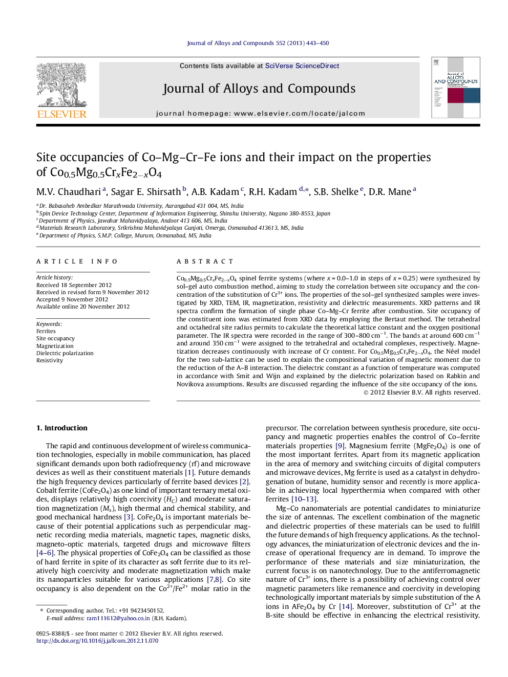 Site occupancies of Co–Mg–Cr–Fe ions and their impact on the properties of Co0.5Mg0.5CrxFe2−xO4