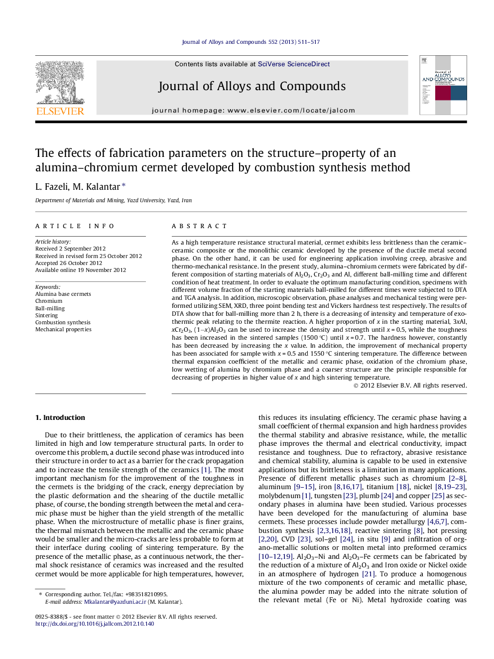 The effects of fabrication parameters on the structure–property of an alumina–chromium cermet developed by combustion synthesis method