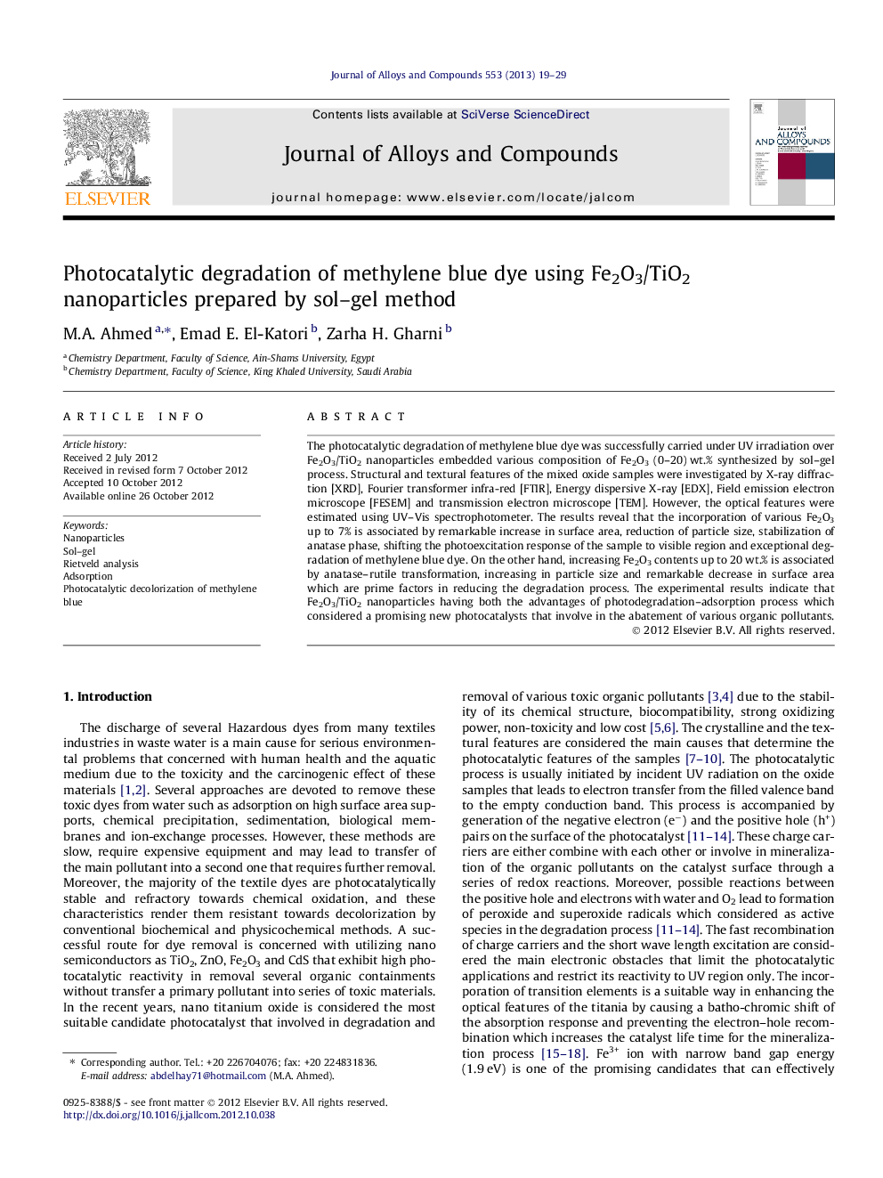 Photocatalytic degradation of methylene blue dye using Fe2O3/TiO2 nanoparticles prepared by sol-gel method
