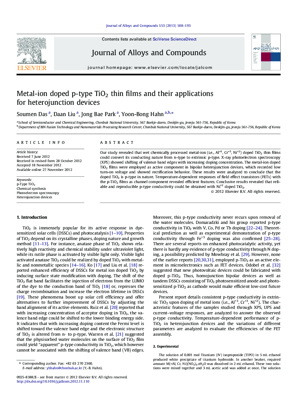 Metal-ion doped p-type TiO2 thin films and their applications for heterojunction devices