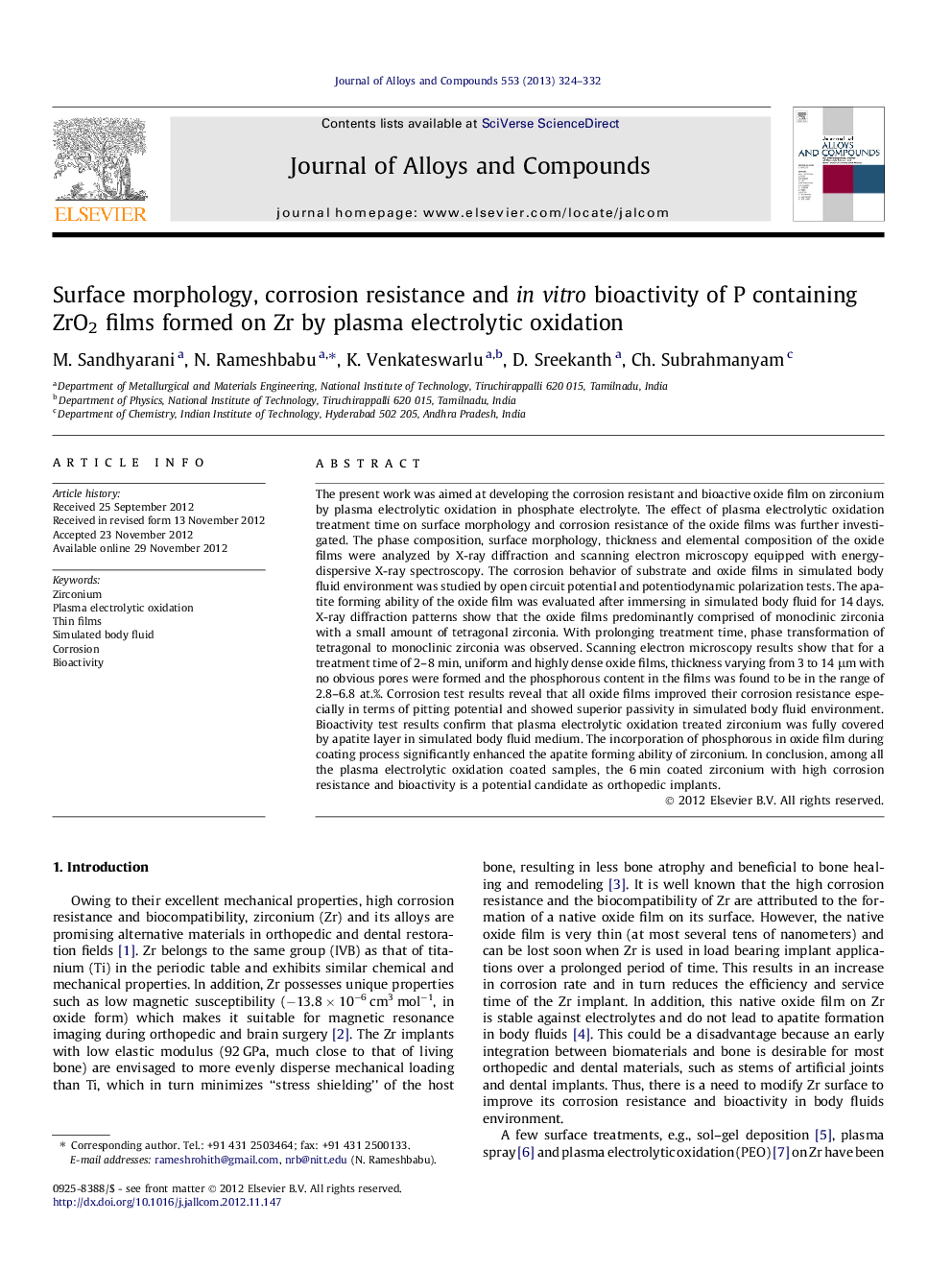 Surface morphology, corrosion resistance and in vitro bioactivity of P containing ZrO2 films formed on Zr by plasma electrolytic oxidation