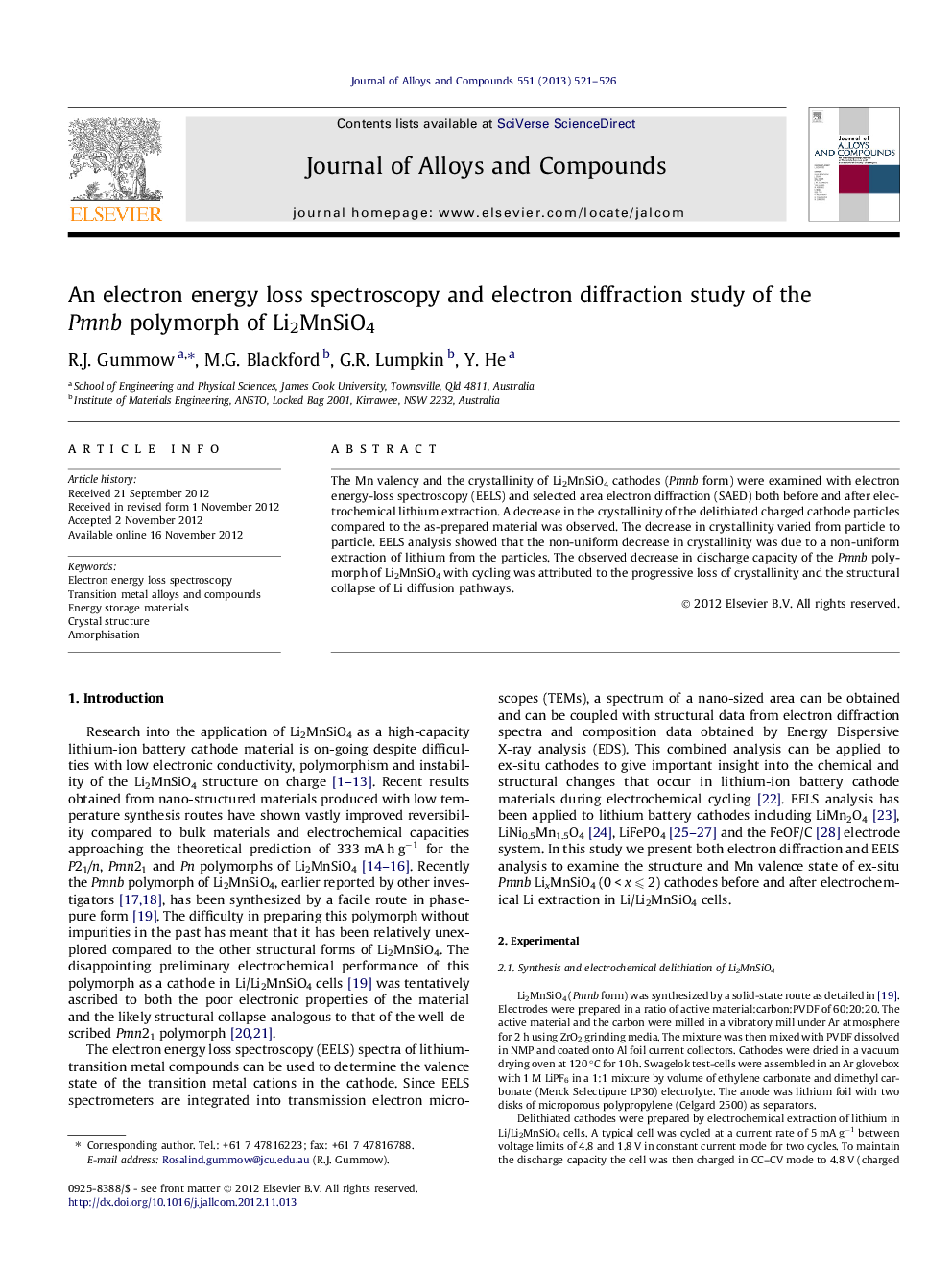 An electron energy loss spectroscopy and electron diffraction study of the Pmnb polymorph of Li2MnSiO4