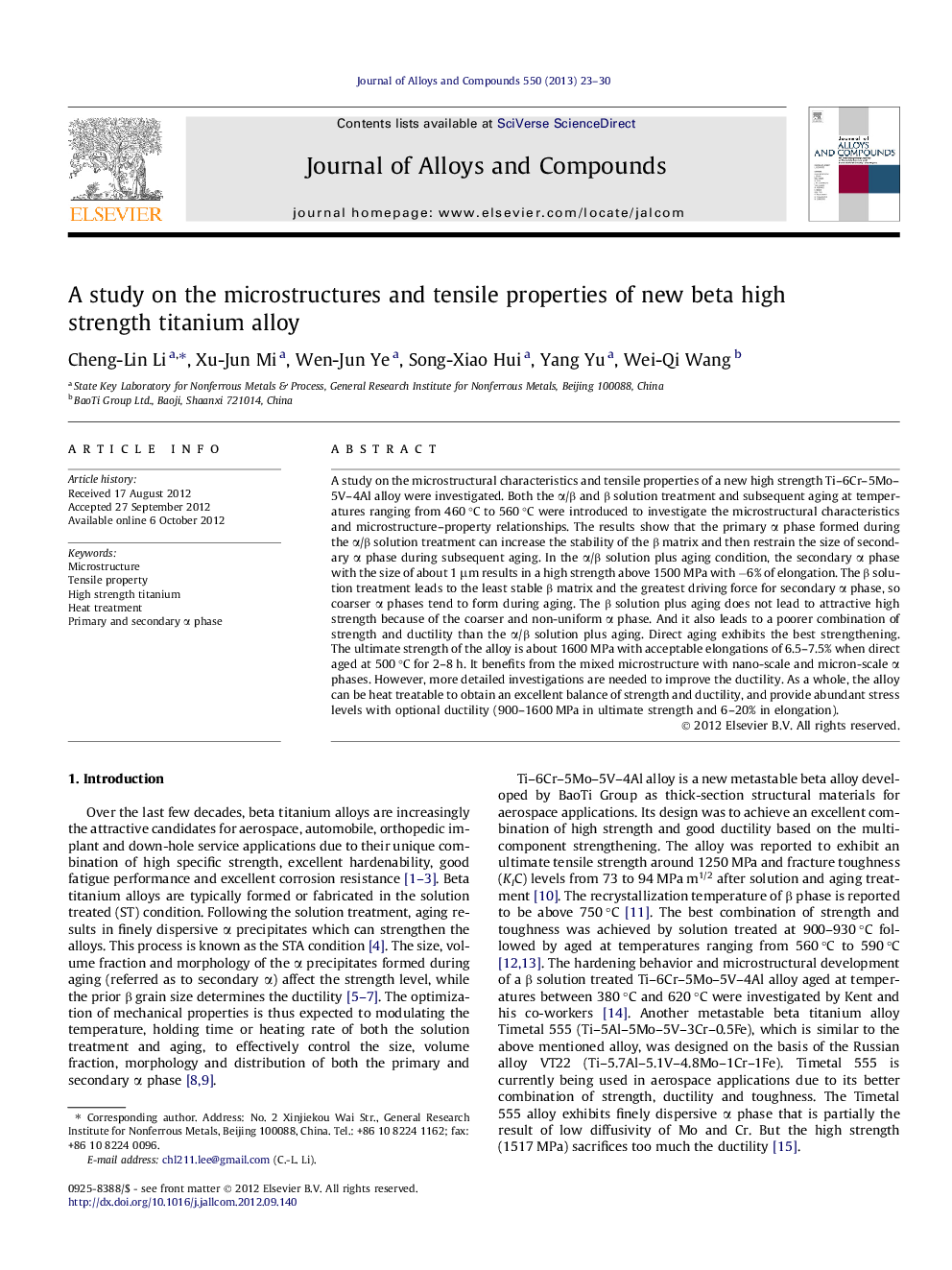 عکس صفحه اول مقاله: A study on the microstructures and tensile properties of new beta high strength titanium alloy A study on the microstructures and tensile properties of new beta high strength titanium alloy