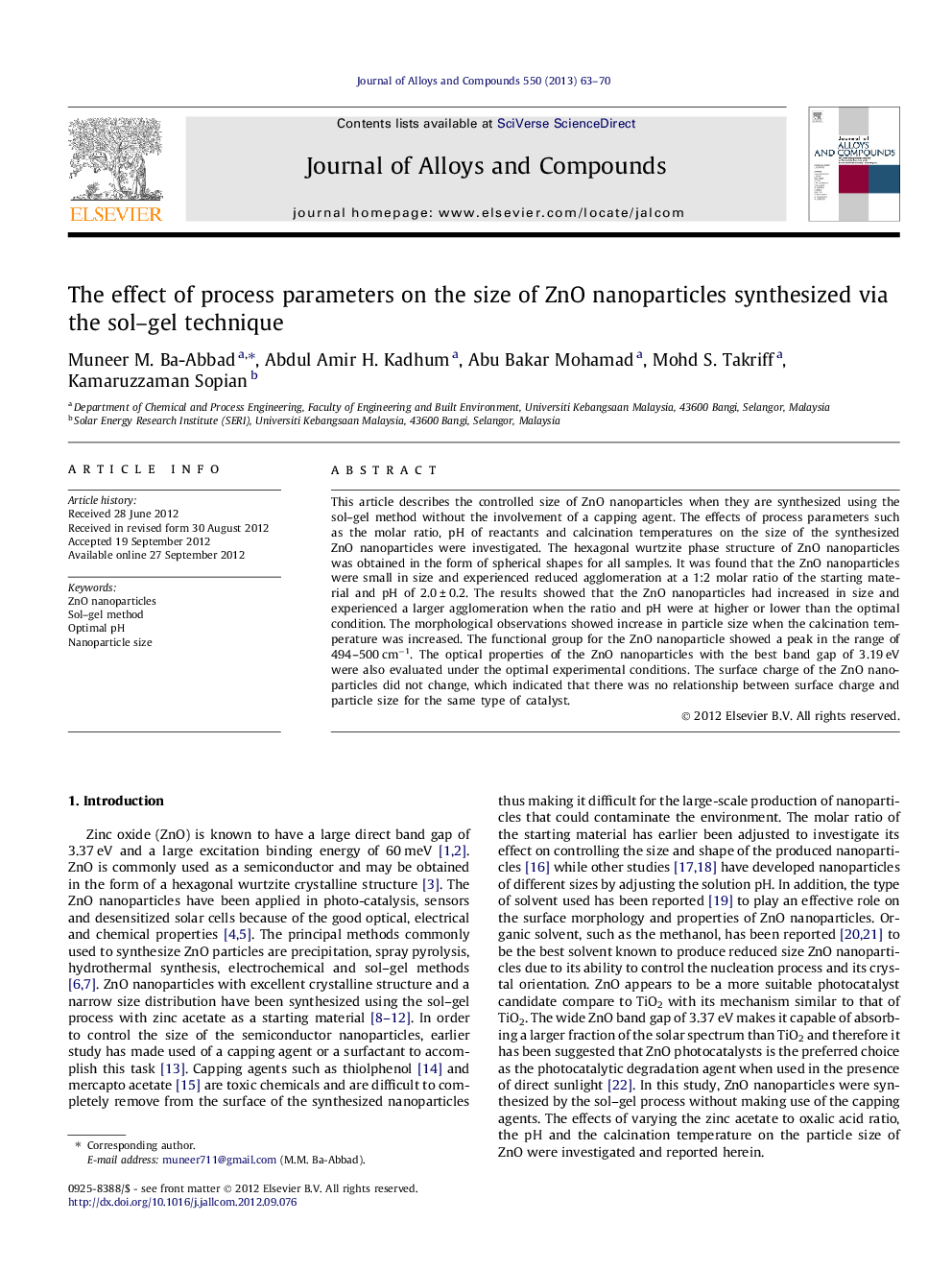 The effect of process parameters on the size of ZnO nanoparticles synthesized via the sol-gel technique