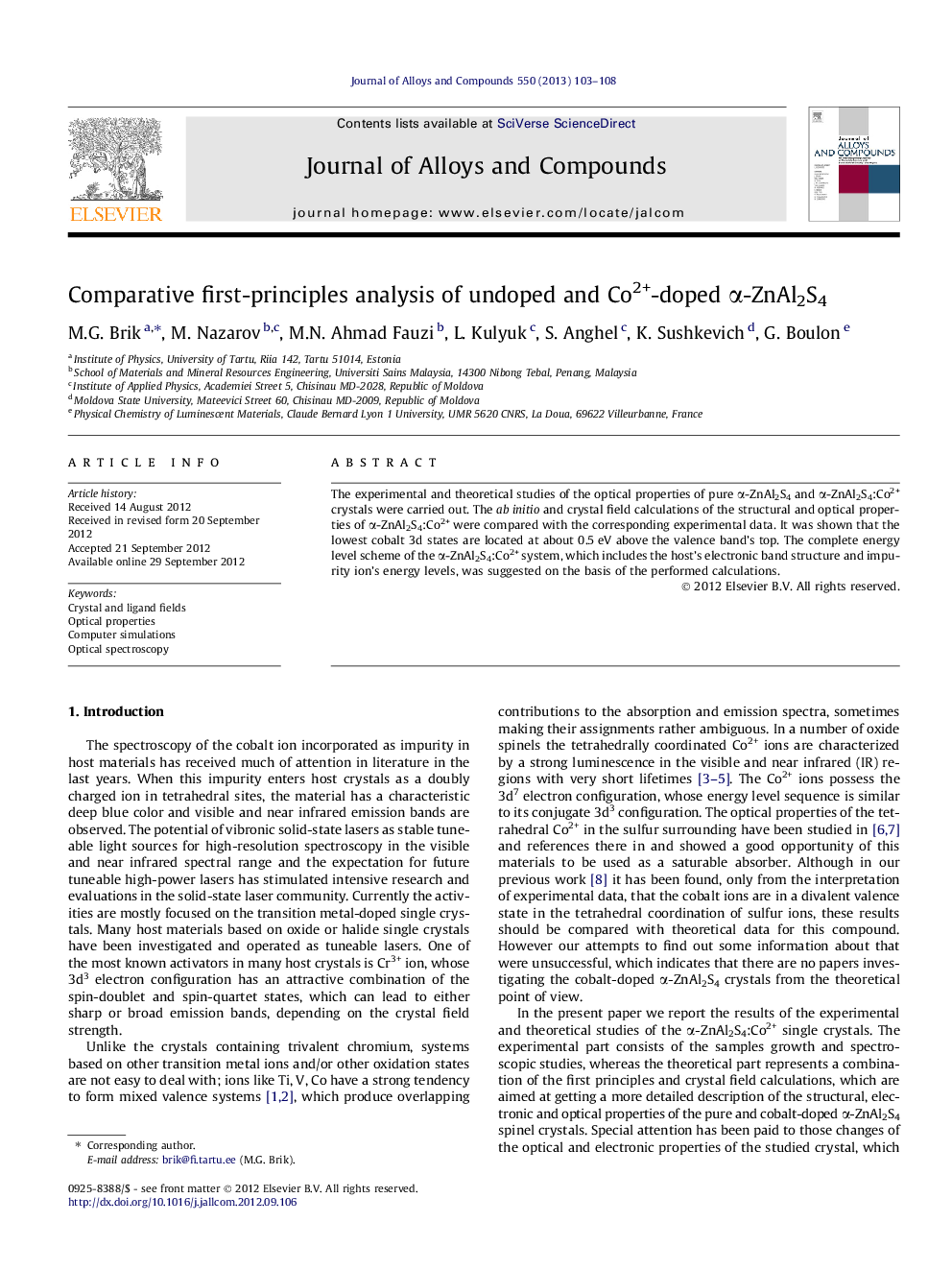 عکس صفحه اول مقاله: Comparative first-principles analysis of undoped and Co2+-doped α-ZnAl2S4 Comparative first-principles analysis of undoped and Co2+-doped α-ZnAl2S4