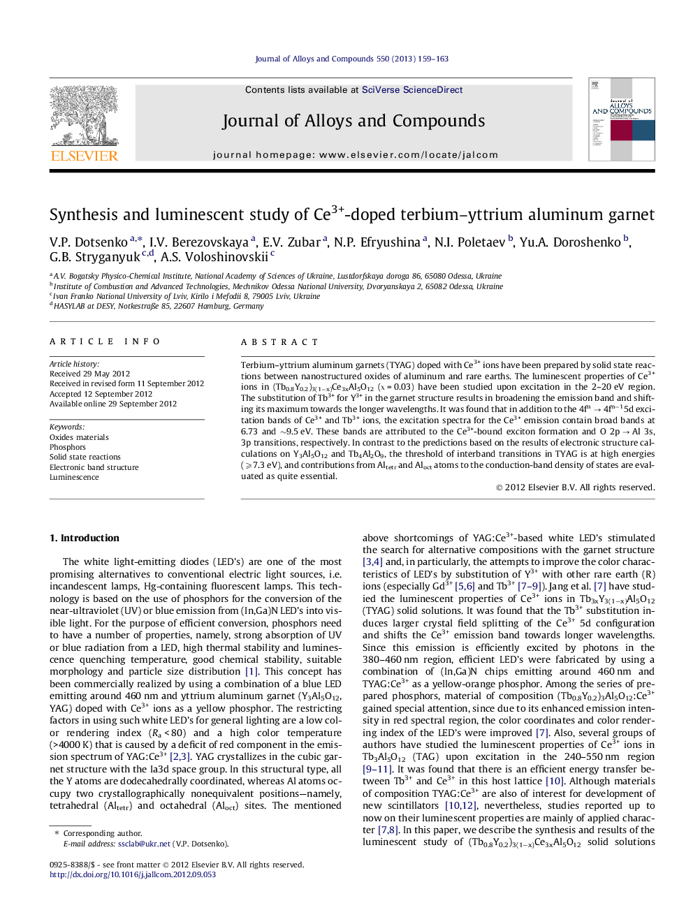 Synthesis and luminescent study of Ce3+-doped terbium–yttrium aluminum garnet