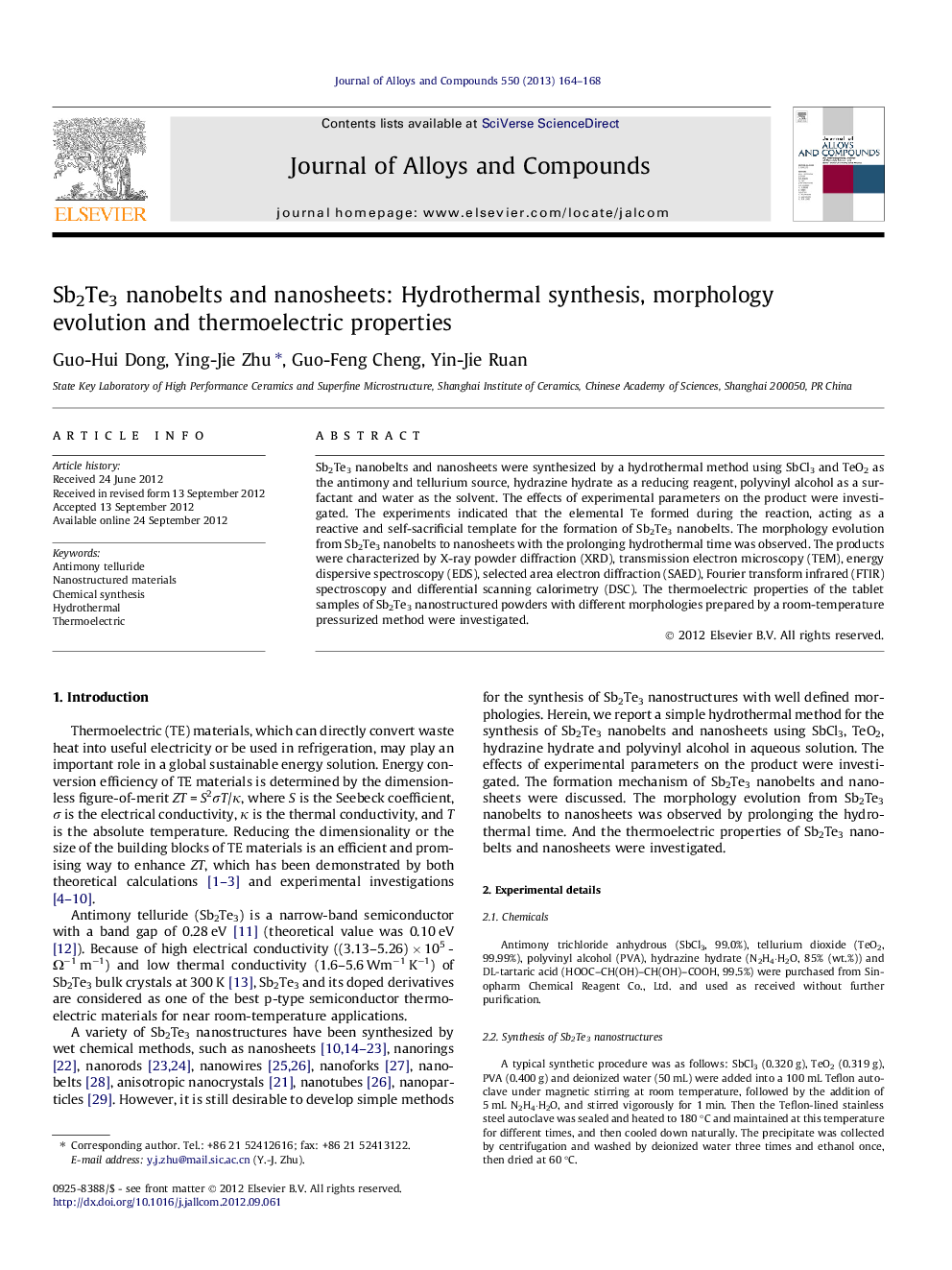 Sb2Te3 nanobelts and nanosheets: Hydrothermal synthesis, morphology evolution and thermoelectric properties