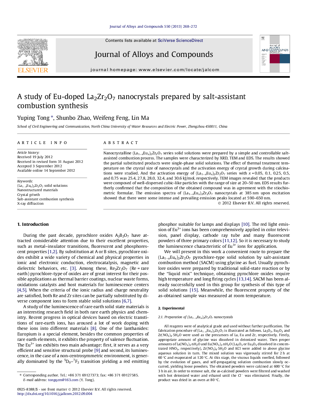 عکس صفحه اول مقاله: A study of Eu-doped La2Zr2O7 nanocrystals prepared by salt-assistant combustion synthesis A study of Eu-doped La2Zr2O7 nanocrystals prepared by salt-assistant combustion synthesis