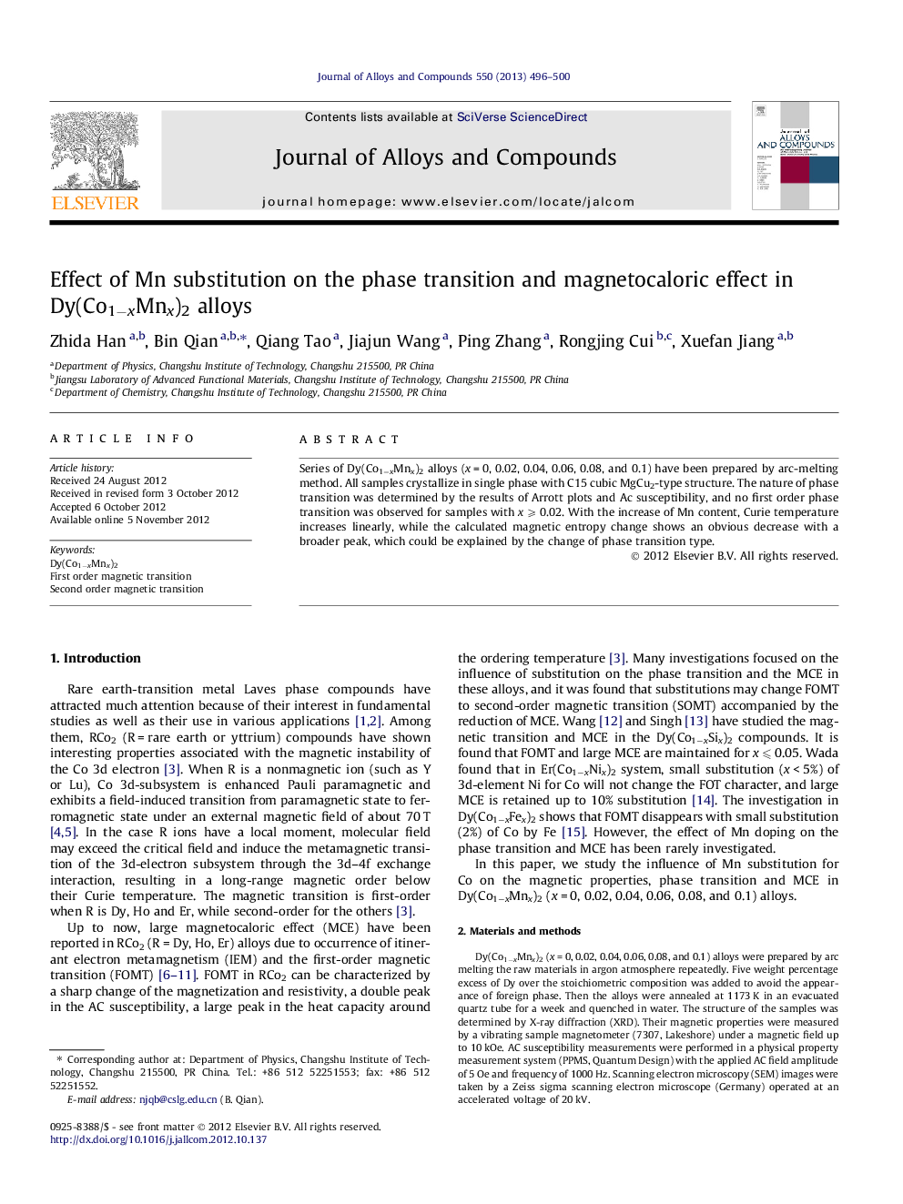 عکس صفحه اول مقاله: Effect of Mn substitution on the phase transition and magnetocaloric effect in Dy(Co1−xMnx)2 alloys Effect of Mn substitution on the phase transition and magnetocaloric effect in Dy(Co1−xMnx)2 alloys