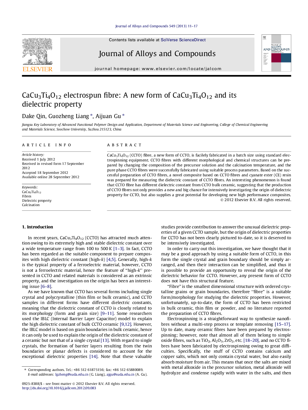 CaCu3Ti4O12 electrospun fibre: A new form of CaCu3Ti4O12 and its dielectric property