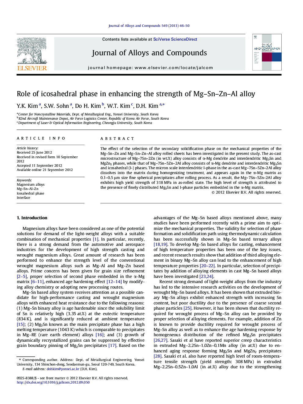 Role of icosahedral phase in enhancing the strength of Mg–Sn–Zn–Al alloy