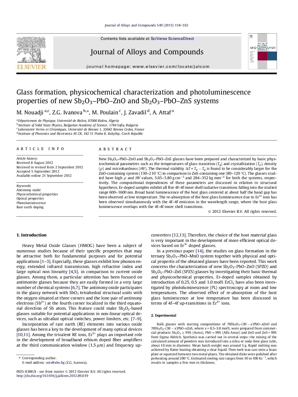 Glass formation, physicochemical characterization and photoluminescence properties of new Sb2O3–PbO–ZnO and Sb2O3–PbO–ZnS systems